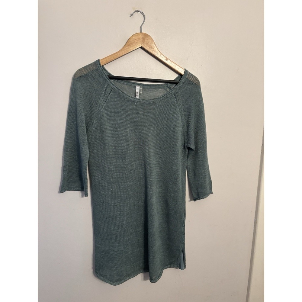 Miilla Boutique Green Linen Tunic Sweater Sheer 3/4 Sleeve‎ Side Button Size M